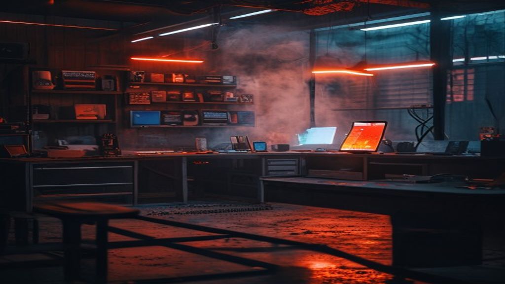Dark garage workshop with glowing screens
