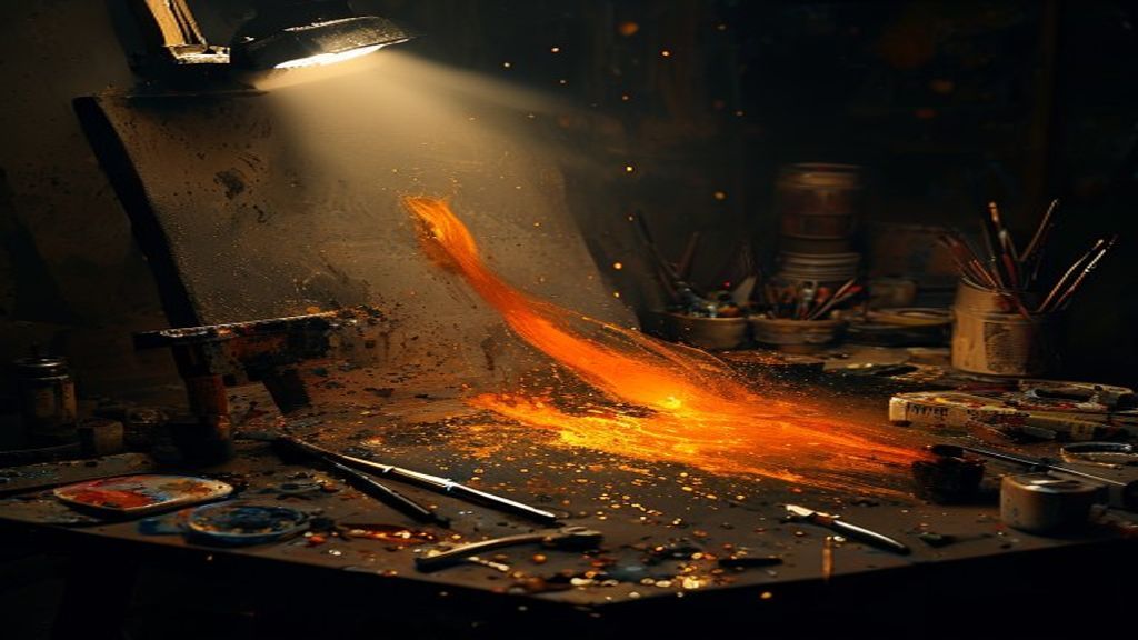 Artist painting in dark studio at midnight