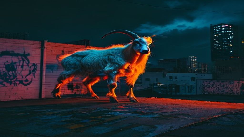 Goat on rooftop with neon orange city glow
