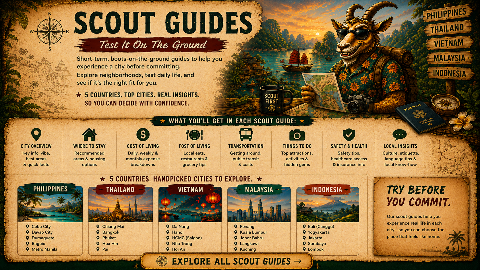 Scout Guides — Test It On The Ground. Short-term boots-on-the-ground guides for Philippines, Thailand, Vietnam, Malaysia, Indonesia.