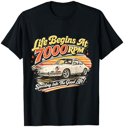 Life Begins At 7000 RPM Retro Automotive T-Shirt on Amazon