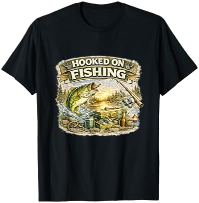 Hooked On Fishing Funny T-Shirt on Amazon